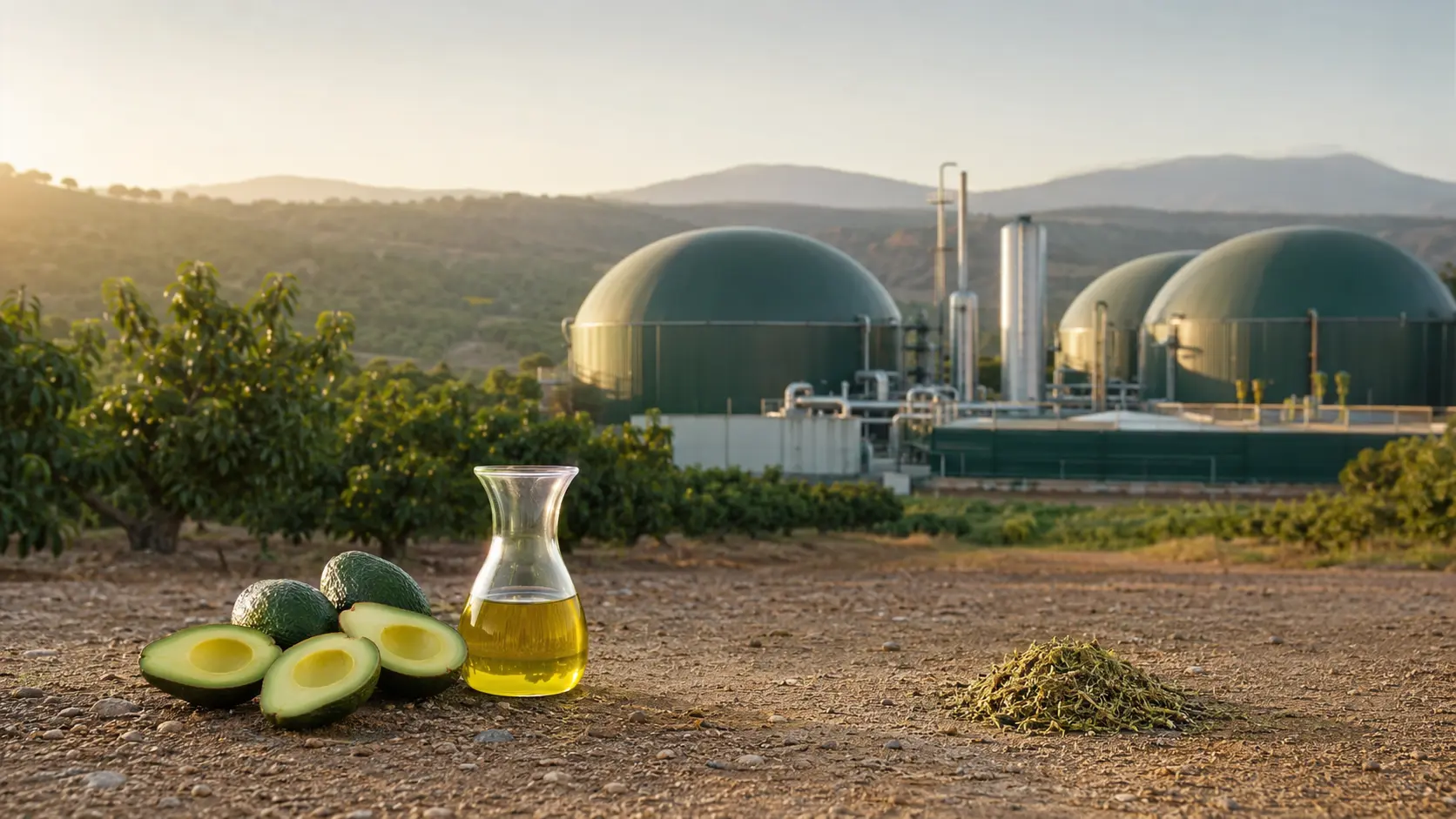 Aguacates y un recipiente de cristal con aceite juntos, una pequeña porción de bagazo e instalaciones de biogás al fondo