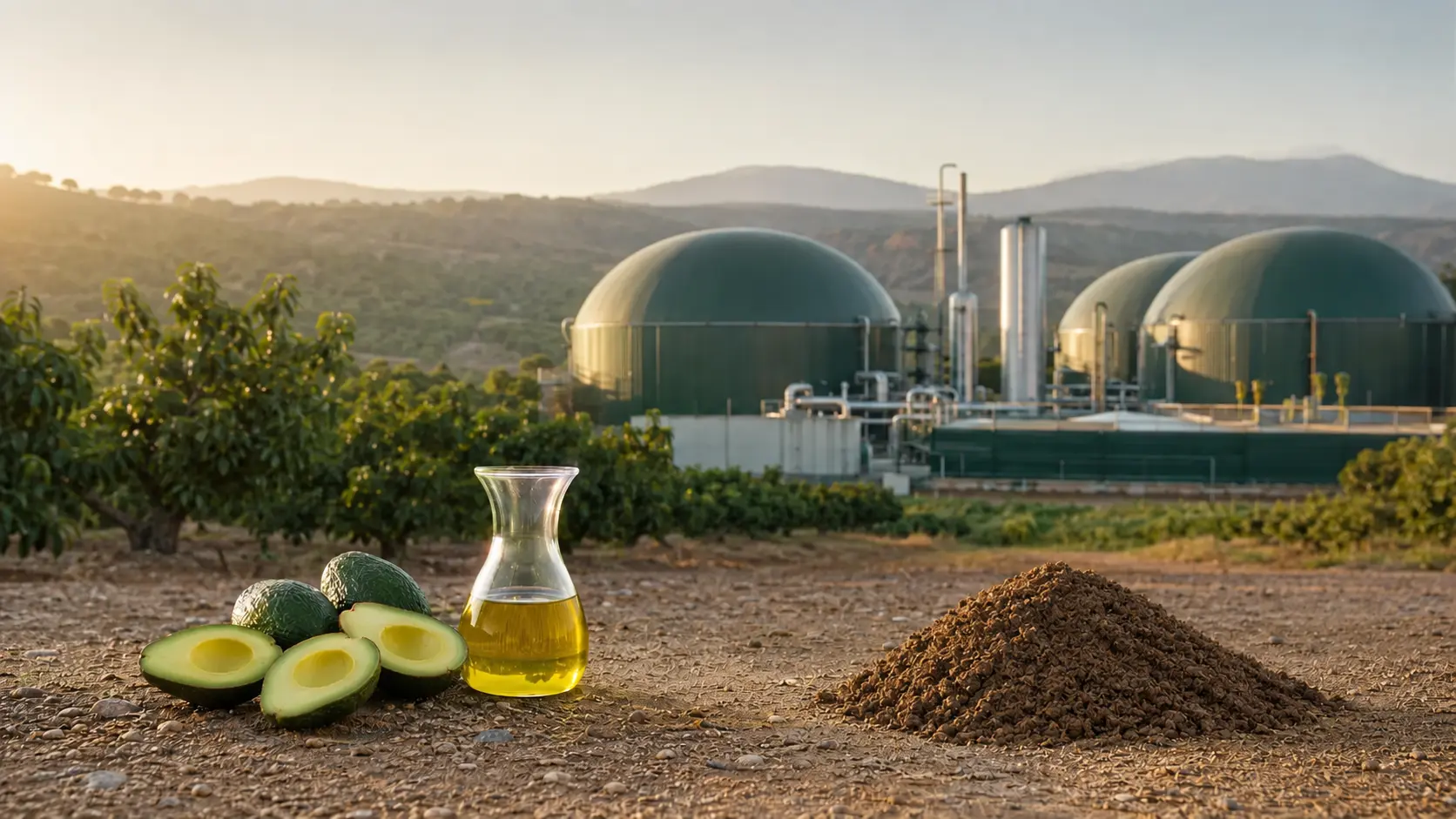 Aguacates y un recipiente de cristal con aceite junto a un montículo abundante de bagazo granular marrón e instalaciones de biogás al fondo