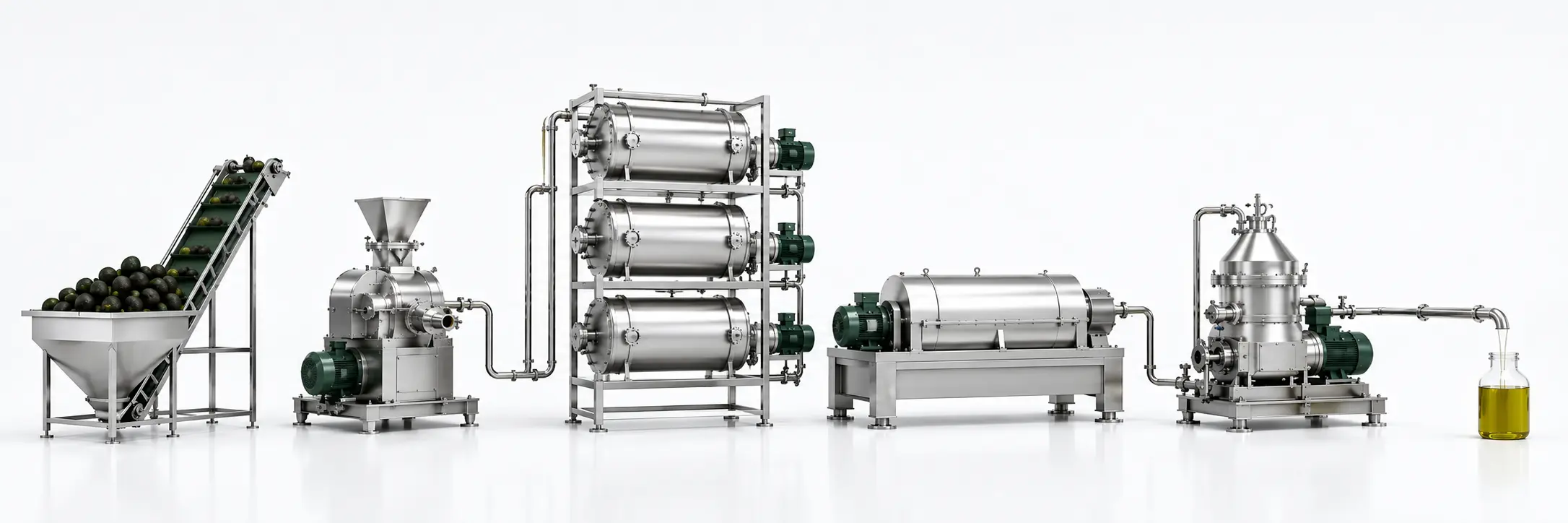 Línea industrial completa para elaborar aceite de aguacate: alimentación, molino, termobatidora de tres niveles, tricanter, centrífuga vertical y salida de aceite