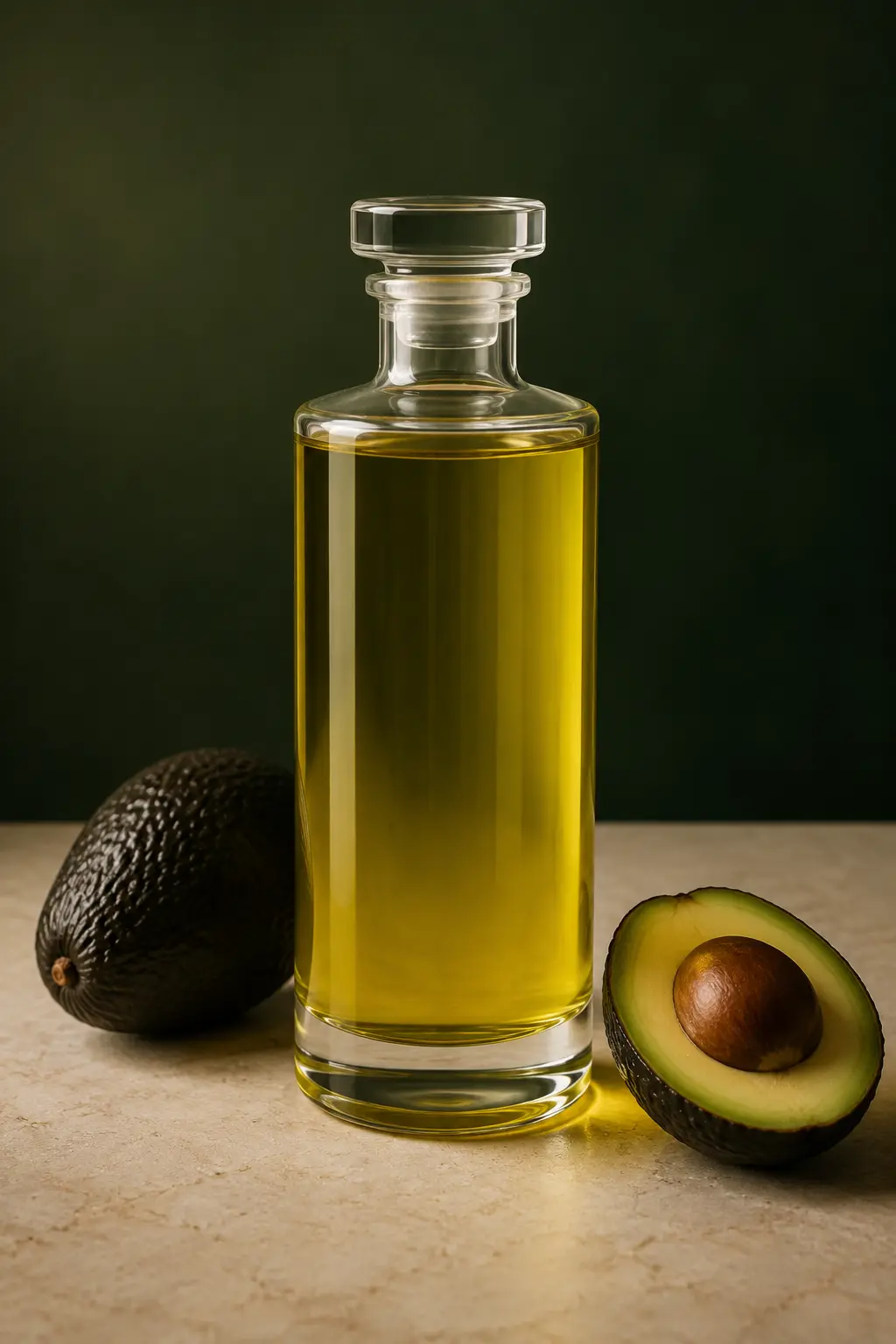 Frasco de cristal con aceite de aguacate junto a aguacates frescos